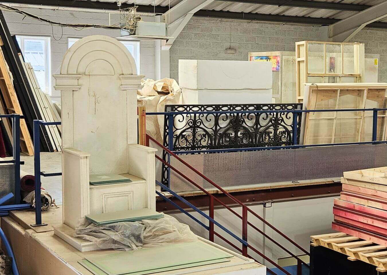 Sustainable Set Construction Blog - Materials stored in Totom's workshop mezzanine