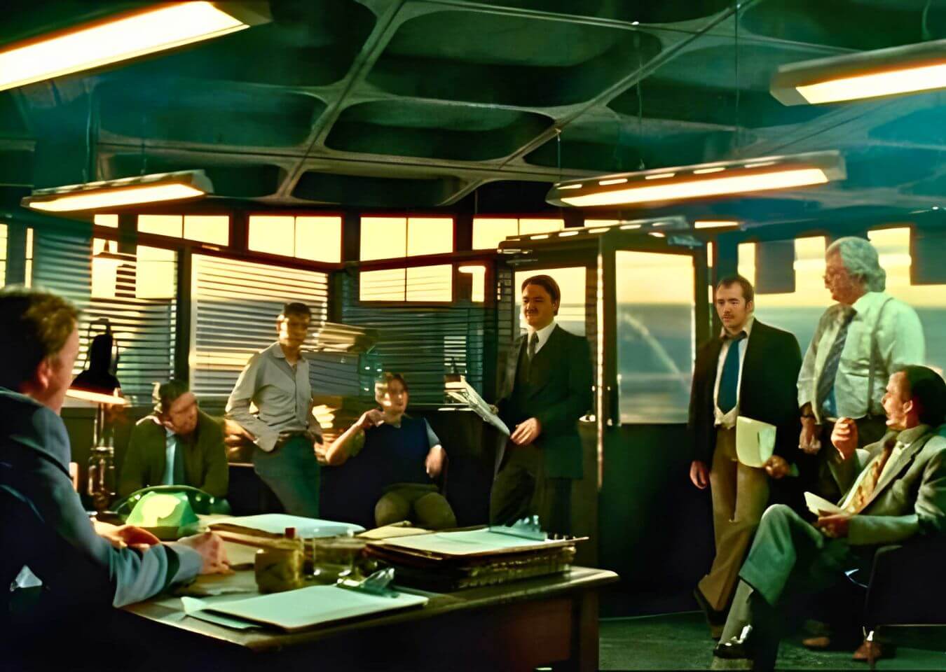 Life on Mars Final Set Finished Life on Mars police office set with a low concrete-style ceiling grid, suspended lights and characters gathered around desks.