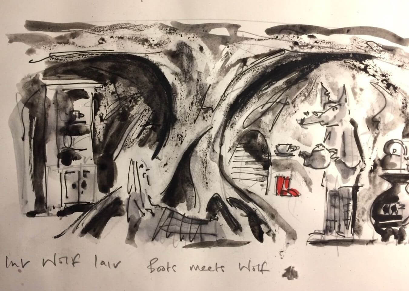 Red Riding Hood Concept Sketch Expressive charcoal and ink sketch of a fantastical interior with sweeping root-like forms, shelves and a stylised wolf figure.
