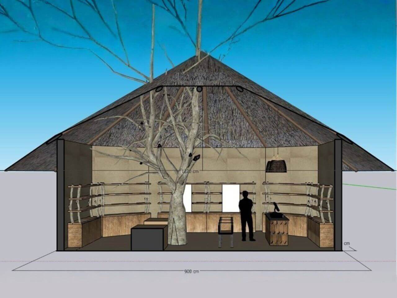 2 SketchUp Model for Kynren Viking Village Build SketchUp scale model showing the planned interior layout, roof structure and thatched exterior for the Kynren Viking Village building.